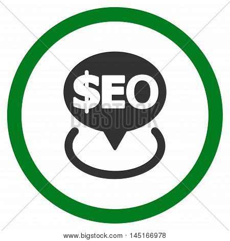 Geotargeting Seo vector bicolor rounded icon. Image style is a flat icon symbol inside a circle, green and gray colors, white background.