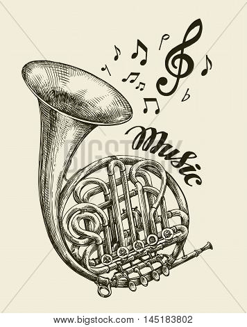 Hand drawn musical french horn. Sketch vintage trumpet. Vector illustration