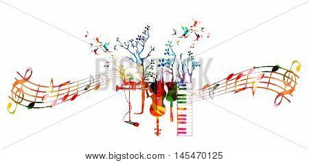 Creative music style template with music instruments, colorful guitar, microphone, piano keyboard, saxophone, trumpet, violoncello, contrabass. Music vector illustration with music staff and notes