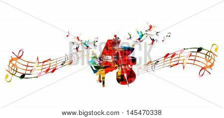 Creative music concept vector illustration, colorful piano and violoncello, music instruments with music staff and notes. Design for poster, music concert, festival, music shop, music style template