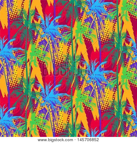 tropical pattern depicting pink and purple palm trees with with yellow highlights reflections on a turquoise background