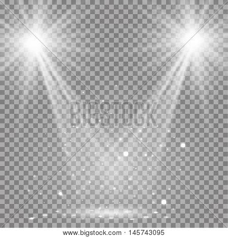 White glowing transparent disco lights background. Vector disco lights background illustration. Transparent shine lights background. Bright lighting effect disco lights. Realistic studio illumination.