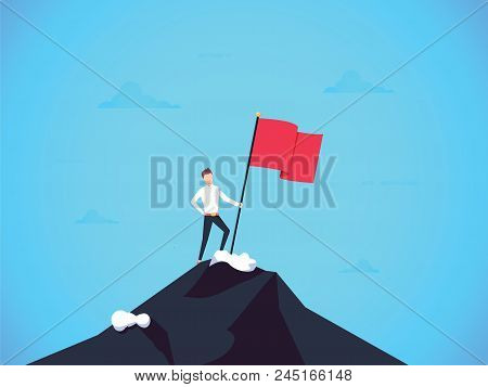 Business Leader Vector Concept With Businessman Planting Flag On Top Of Mountain. Symbol Of Success,