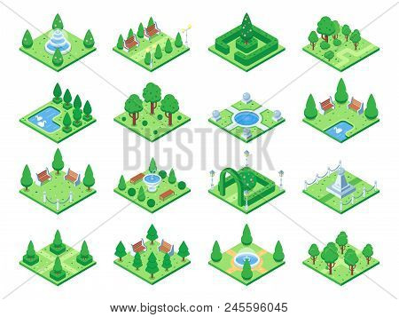 Isometric Green Park Or Garden Trees. Fountain And Bushes, Benches And Pond. 3d Isometric City Map, 