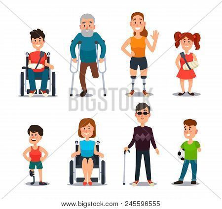 Disability People. Cartoon Sick And Disabled Characters. Person In Wheelchair, Injured Woman, Elderl