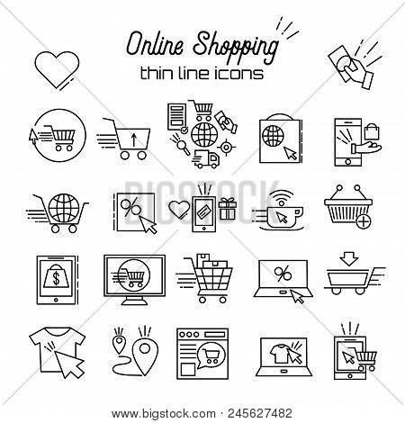 Online Shopping Vector Line Icons. E-commerce Pictogram Symbol Outline Thin Icon Discount, Shopping 