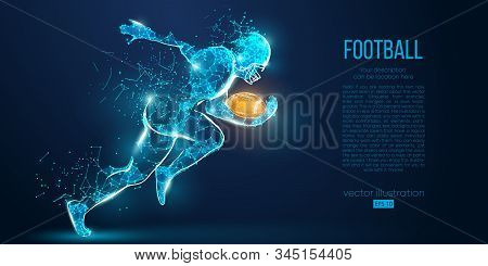 Abstract Football Player From Particles, Lines And Triangles On Blue Background. Rugby. American Foo