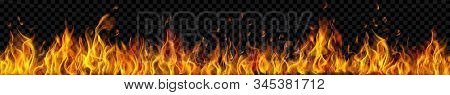 Banner Of Translucent Fire Flames And Sparks With Horizontal Repetition On Transparent Background. F