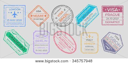 Passport Stamps. International Travel Visa Marking, Business Travel And Immigration Vintage Labels. 