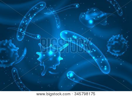 Bacterium And Microbes Organisms. Microscopic Salmonella, Bacillus Or Amoeba Organisms. Abstract Bio