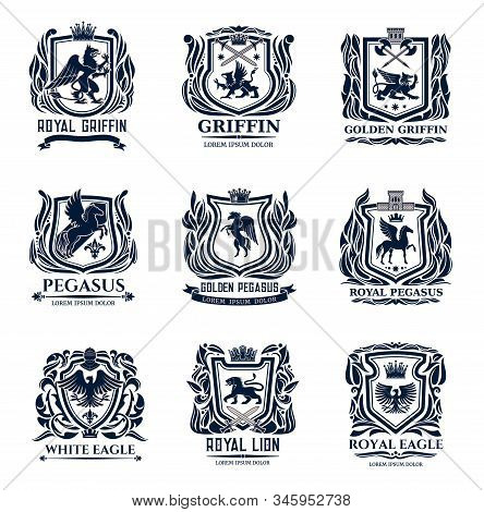 Heraldic Shield Badges With Lions, Eagles, Pegasus And Griffins. Vector Design Of Coat Of Arms And M