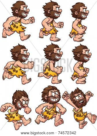 Cartoon caveman running, jumping, falling and hurt. Vector clip art illustration with simple gradients. Each on a separate layer.