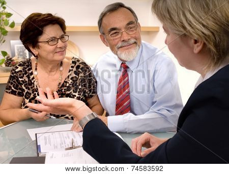 Mature couple talking to financial planner