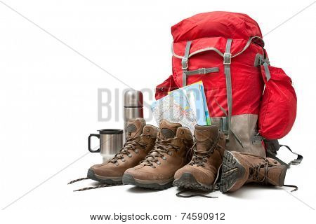 hiking equipment, rucksack and boots. Concept for family hiking