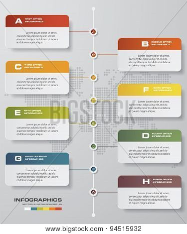 8 steps timeline infographic with global map background for business design