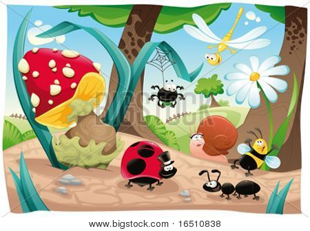 Insects family on the ground. Funny cartoon and vector scene. Objects isolated.