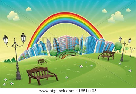 Parc avec arc-en-ciel. Scène drôle de dessin animé et de vecteur.