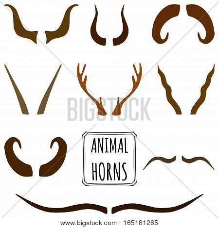 Hand drawn silhouettes collection, set of animal horns made in vector in a different shades of brown color. Deer, sheep, antelope, bullock horns