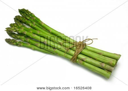 Asparagus spears tied in a bunch with twine (string), isolated on white