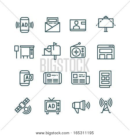 Advertising, media advertise, advertisement internet channels vector icons. Distribution of advertising with use radio, internet and newspaper illustration