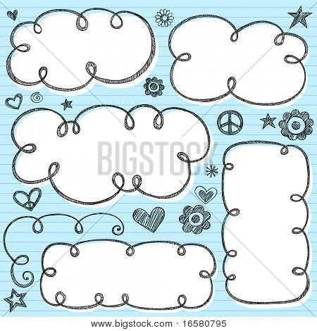 Hand-Drawn Sketchy Cloud Shaped Bubble Doodle Frames- Notebook Doodles on Blue Lined Paper Background- Vector Illustration