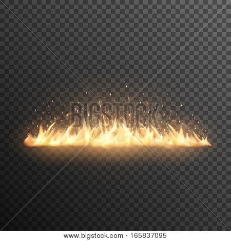 Realistic burning fire flames vector effect with transparency for design. Trail of fire. Fiery sparks. Glowing particles.