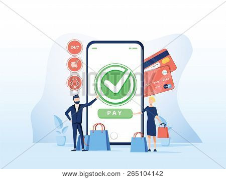 Online Commerce Vector Illustration For E-business Or E-commerce Technology. Mobile App For Payment 