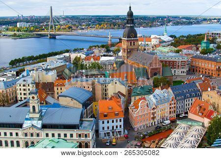 Panorama View Of Riga Cityscape Old Town, Dome Cathedral, Cathedral Basilica Of Saint James, Riga Ca