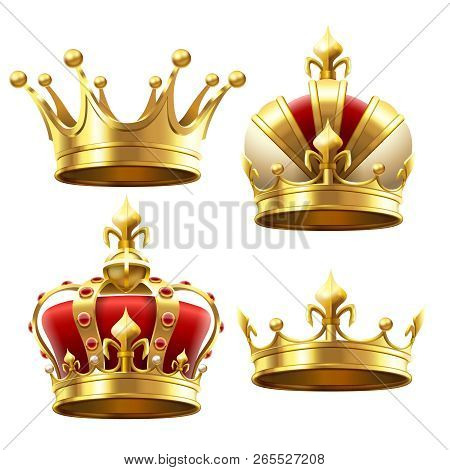 Realistic Gold Crown. Crowning Headdress For King And Queen. Royal Crowns Vector Set