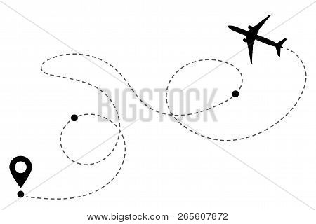 Airplane Line Path Vector Icon Of Air Plane Flight Route With Start Point, Transfer Point And Dash L