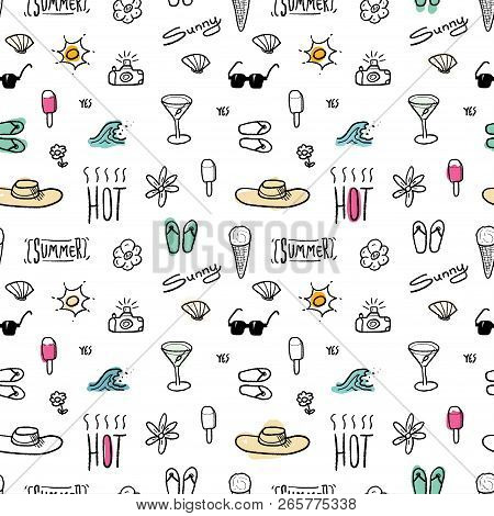 Seamless Pattern With Summer Vacation And Beach Themes - Textile Or Bedsheet Quirky Design Vector.