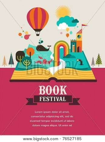 Open Book with set of vector fairy tale elements, icons and illustrations