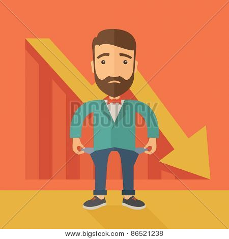 Unhappy, sad Caucasian hipster businessman with beard wearing a red bow tie standing with empty pockets.  An arrow pointing downward showing that he is a failure. Loser, broke concept. A contemporary