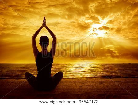 Yoga Meditation Concept, Woman Silhouette Meditating In Healthy Pose, Sun Light Rays