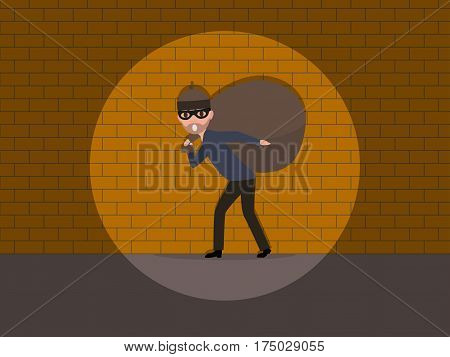 Vector illustration cartoon male thief carrying a bag with a loot. Character man robber with a big sack. Flat style. Caught a burglar by the wall.