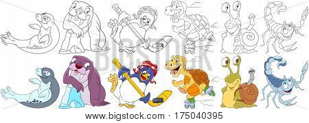 Cartoon animals set. Sea lion (seal or sea calf) walrus penguin hockey player turtle roller skating snail with shell as a backpack scorpio. Coloring book pages for kids.