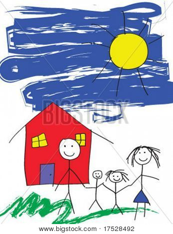 A vector child like drawing of a happy family in front of their house and a blue sky