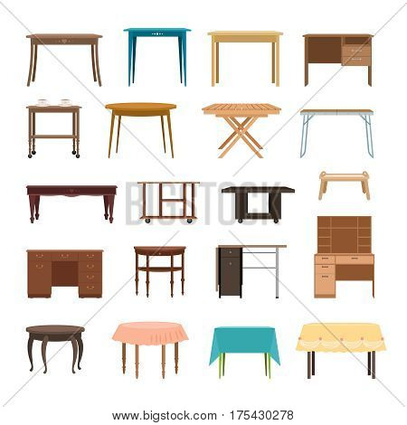 Furniture table isolated on white background. Modern and retro tables, retro and office desk icons vector illustration. Set of table for interior