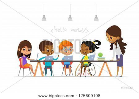 Disabled girl in wheelchair and other children sitting at laptops and learning coding during informatics lesson. School inclusive education concept. Vector illustration for website, advertisement.