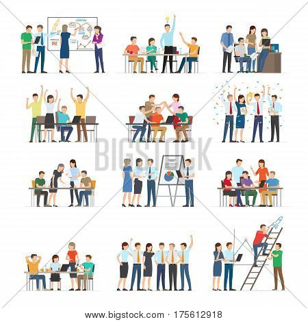 Office workers collaboration collection on white. Co working people discussing ideas. Vector illustration of business meeting, teamwork, collaboration and discussion, conference table, brainstorm.