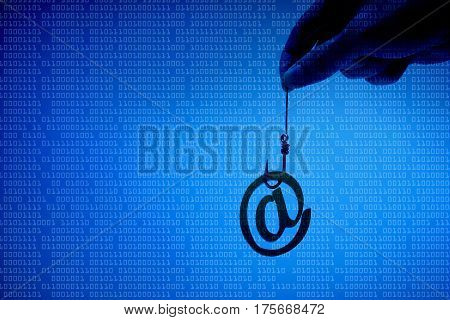 Email sign with a fish hook on blue digital background. Email security and countermeasure concept