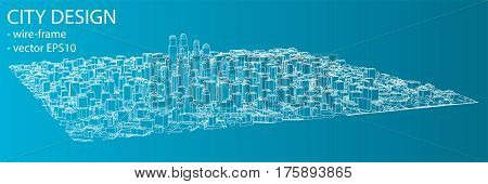 Wire-frame City, Blueprint Style. 3D Rendering Vector Illustration. Architecture Design Background