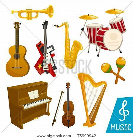 Guitar, piano and saxophone vector isolated musical instrument icons. Set of harp and sax, drum station and cymbals or maracas, fiddle violin and trombone horn or trumpet for orchestra or jazz music