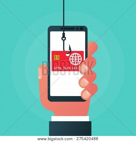 Theft Of Data From Smartphone. Credit Card On A Hook. Theft Of Bank Data. Credit Card Fraud. Phishin