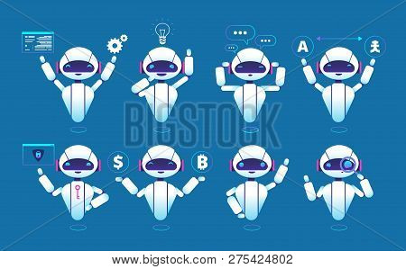 Chatbot Character. Cute Robot Online Chat Robot In Different Poses. Chatterbot Vector Isolated Set. 