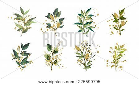 Gold Green Tropical Leaves Wedding Bouquet With Golden Splatters Isolated On White Background. Flora