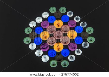 Collection Of Different Buttons For Clothes Repair. Abstraction. Illustration. Set Of Colored Button