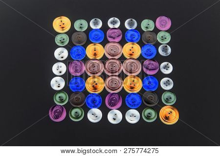 Collection Of Different Buttons For Clothes Repair. Abstraction. Illustration. Set Of Colored Button