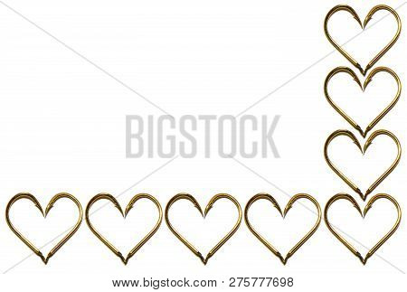 Fishing Hooks In Gold Color. The Hearts Of The Hooks. Patterns Of Metal Fishing Hooks. Abstraction. 