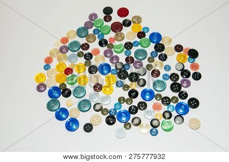 Collection Of Various Buttons For Clothes Repair. Set Of Colored Buttons. Isolated.